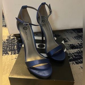 Michael Antonio Navy Lovina-Satin 5” heels, size 8.5, never worn.